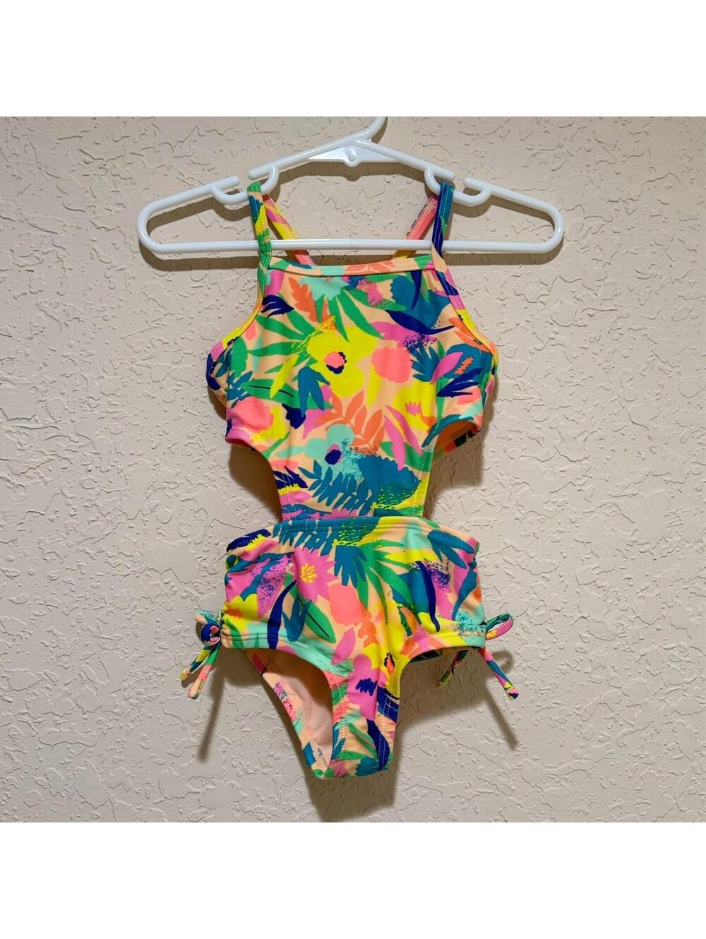 Cat & Jack Girls Monokini Swimsuit Tropical Print Pink Yellow Bows 18 Months
